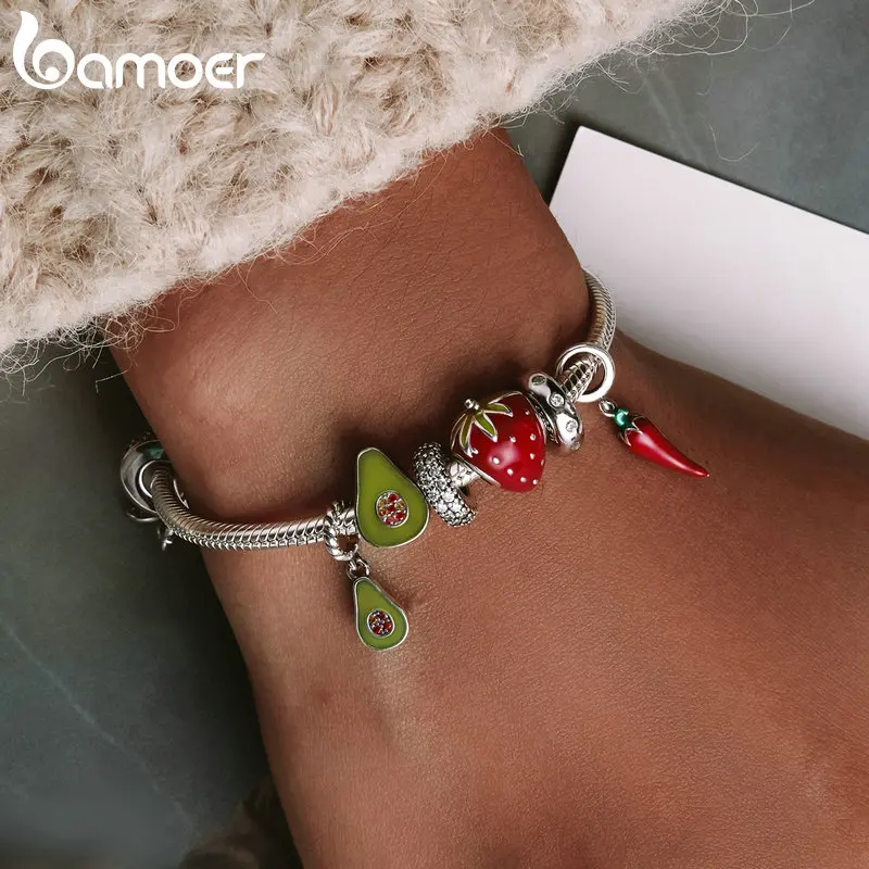 Bamoer 925 Sterling Silver Little Peppers Pendant Red Charm Plant Fruit Bead Original Cute for Women Party Gift Fine Jewelry DIY