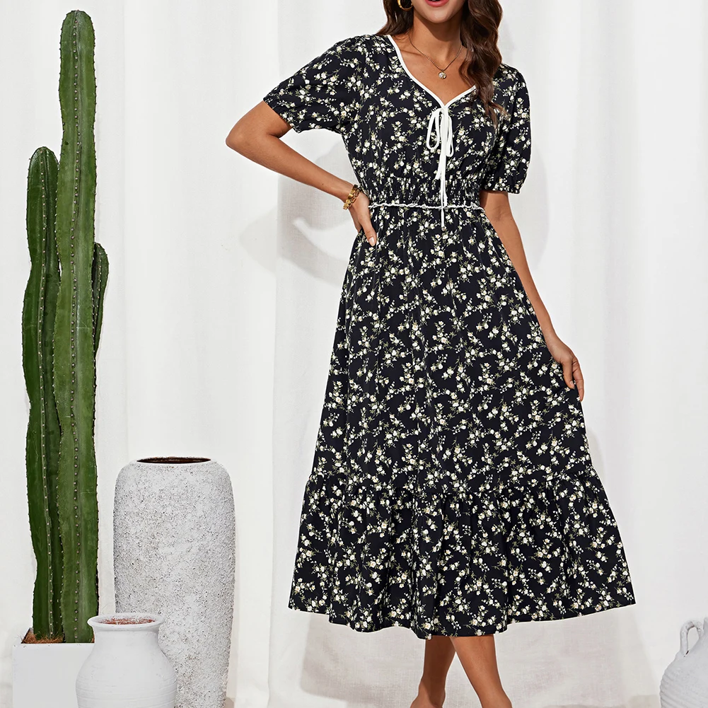 Gk feminino senhoras vestido de cintura elástica manga curta com decote em v em camadas a linha vestido de panturrilha média mangas curtas com abertura elástica