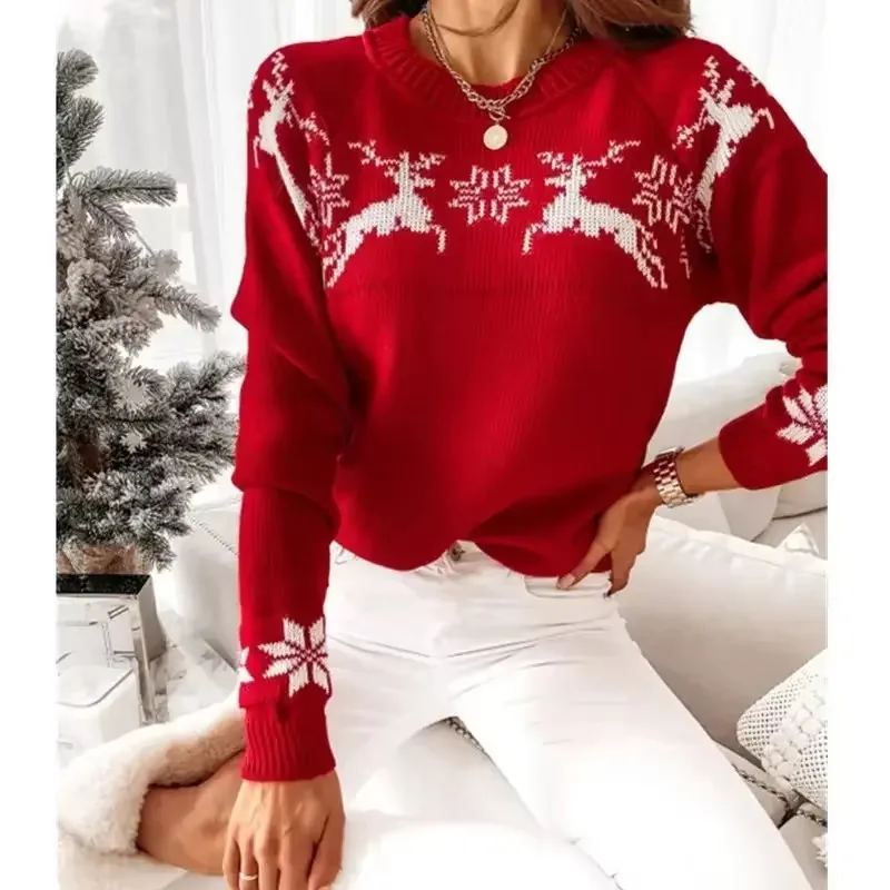 

2024 New Winter Women Christmas Knit Sweaters Elk Print Jacquard Knitwear Long Sleeve O Neck Pullover Top Soft Warm Clothes