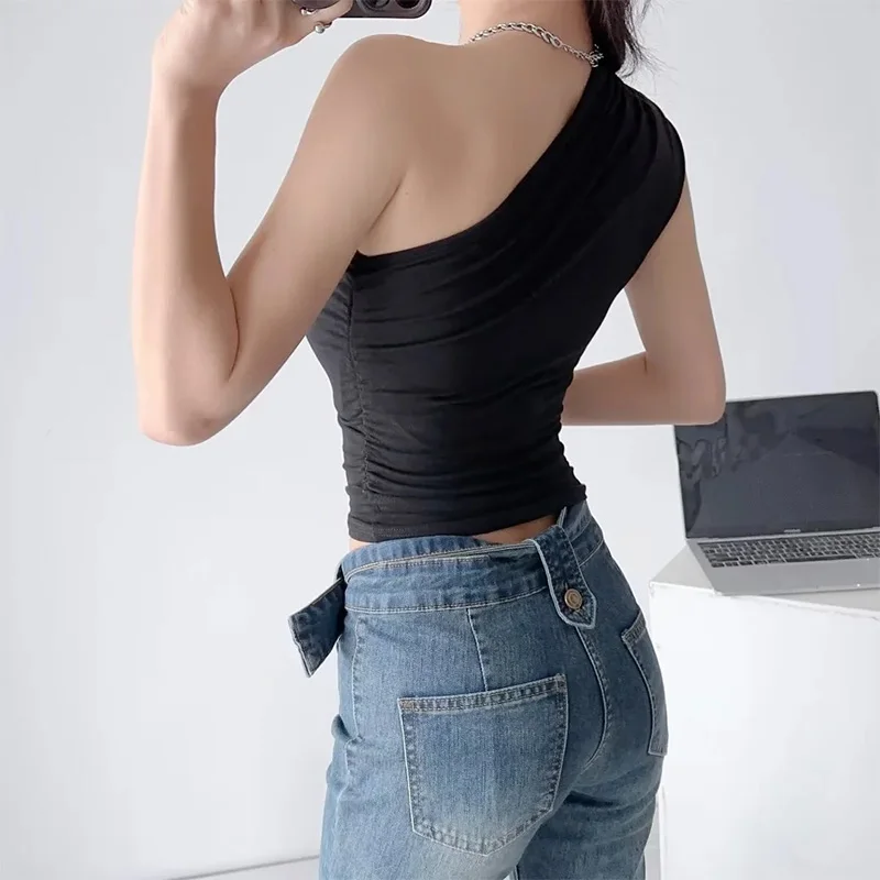 Wrinkle Sloping Shoulder Camisole Vest Women Clothes One-Shoulder Sleeveless Crop Top Skinny Sexy Solid All-matc One Shoulder