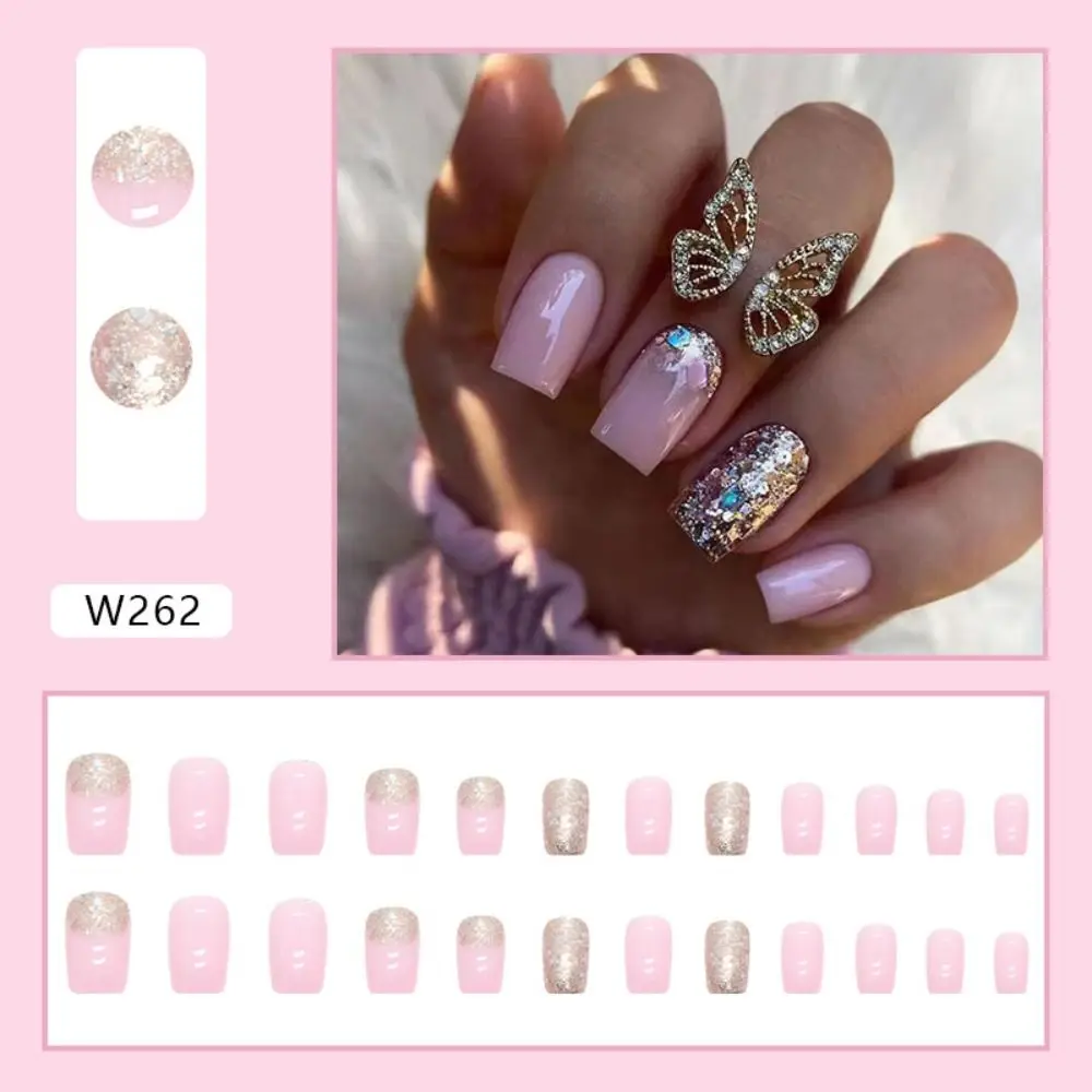 Francês Long Square unhas postiças, unhas dicas, pressione sobre unhas, DIY, rosa, azul, quadrinhos, 24pcs