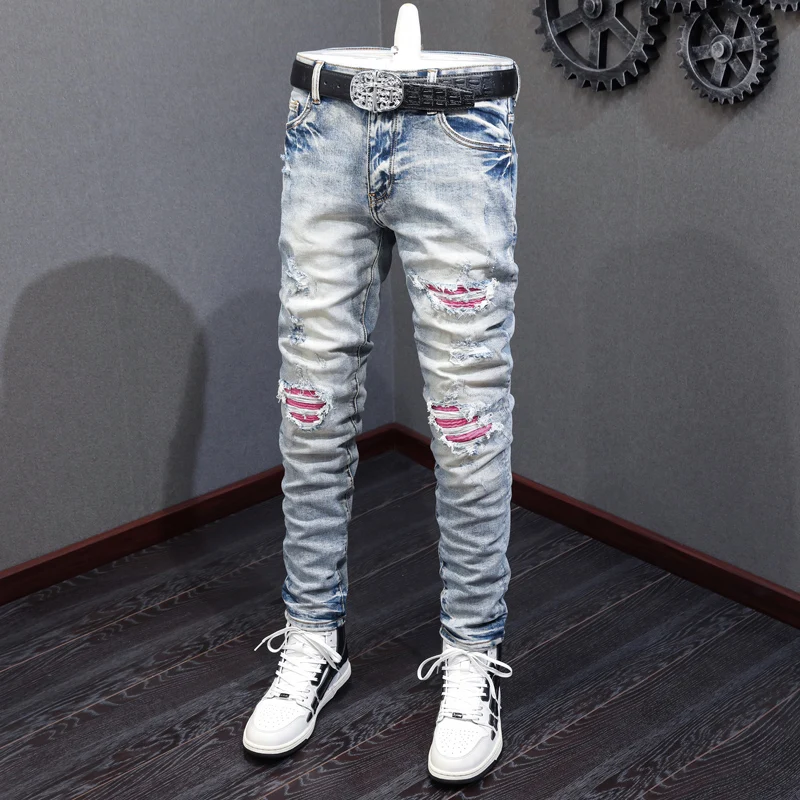 

Fashionable new men's jeans retro washed slim fit elastic perforated patch light blue designer pants Y2K