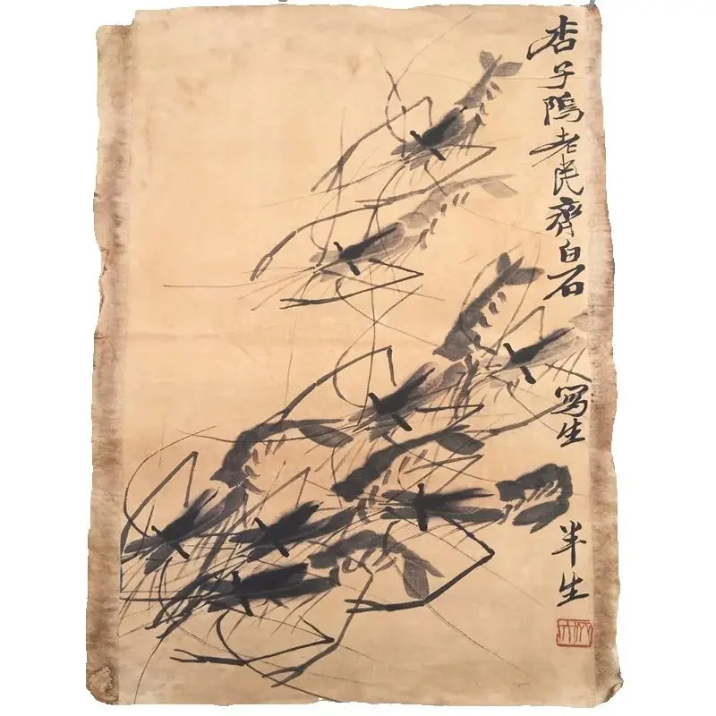 Qi Baishi Chinese Old Scroll Artist's Eight Shrimp Diagram Rice Paper Wall Painting Slice Traditional Oriental Art Decor