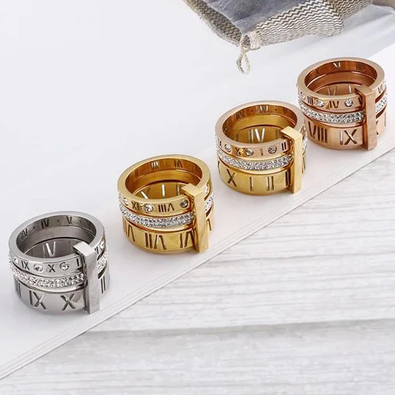 

Shiny Zircon Roman Alphabet Three Layers Rings For Women Girl Muticolor Stainless Steel Women's Ring Party Wedding Jewelry Gifts