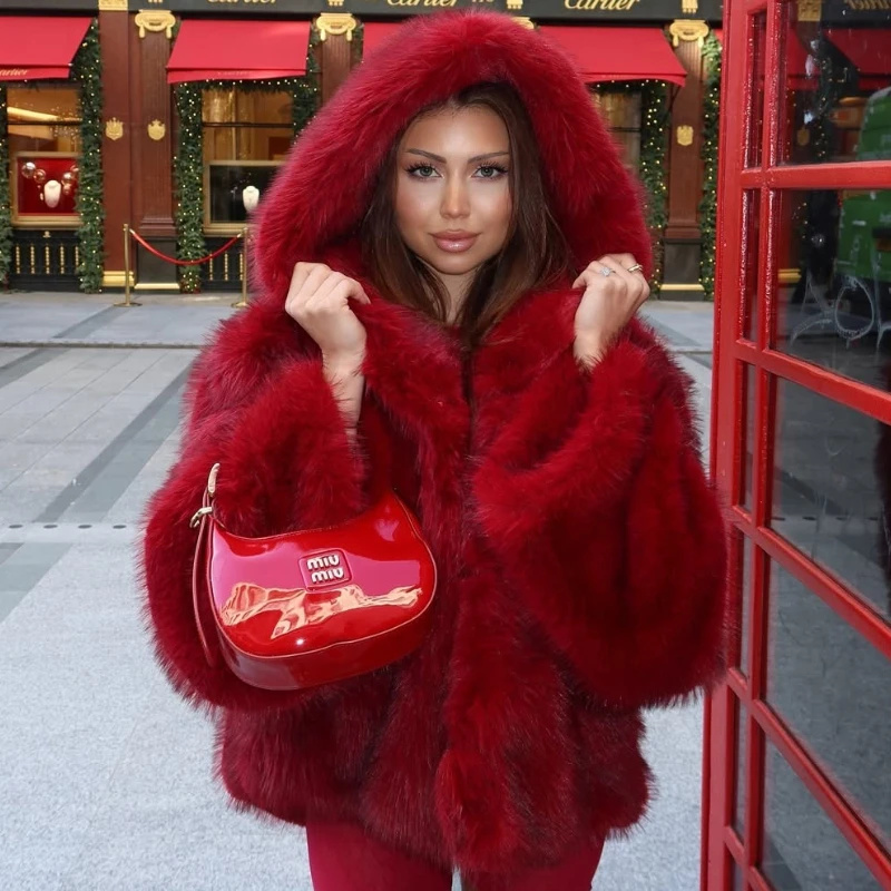 TARUXY Solid Color Hooded Lmitation Fur Coat Women's Fashion Loose Long Sleeves Plush Thick Jacket Winter New High Street Female