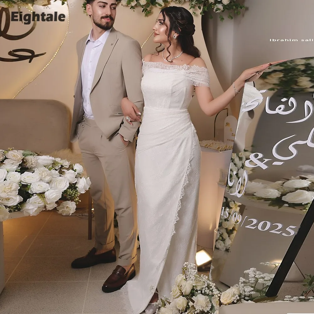 

Eightale Arabic Wedding Dress Strapless Customized Ivory Lace Long Sleeves Muslim Bridal Gown Mermaid Bride Party Dress
