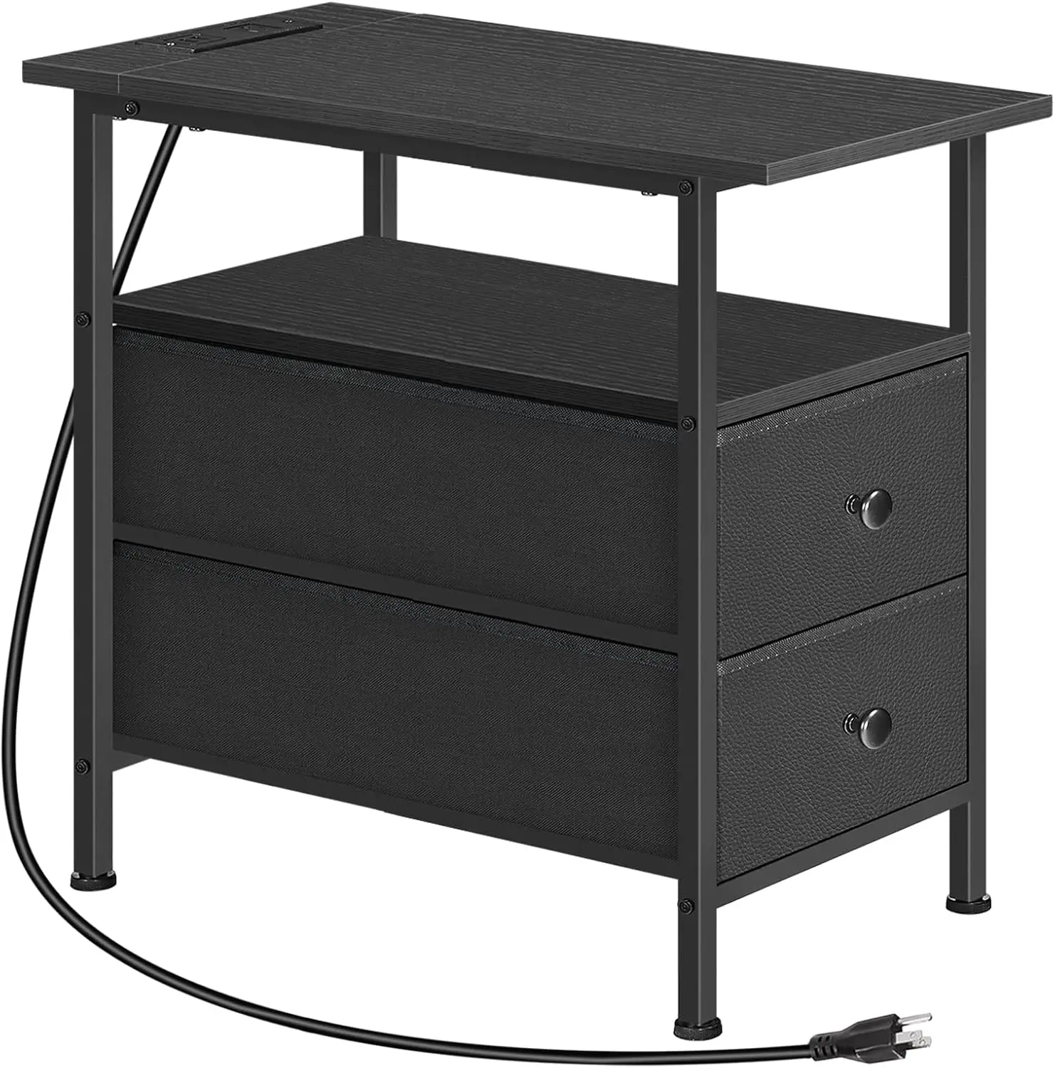 

End Table with Charging Station, Narrow Side Table, Nightstand with 2 Non-Woven Drawers, Slim Sofa Side Table, for Small Spac