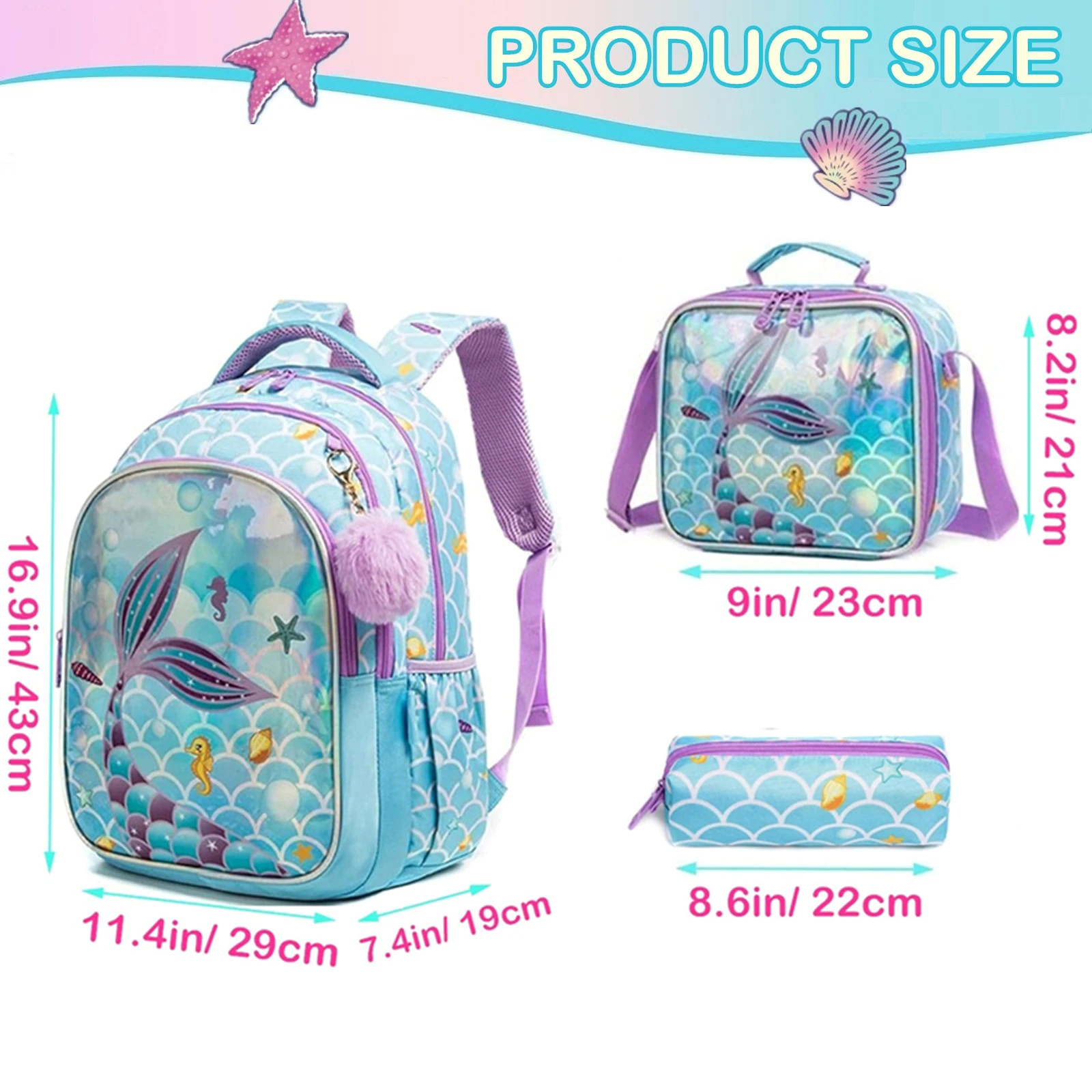3PCS Backpacks for Girls Mermaid School Bags for Elementary Students Kids Large Capacity Backpack Set with Lunch Bag for School