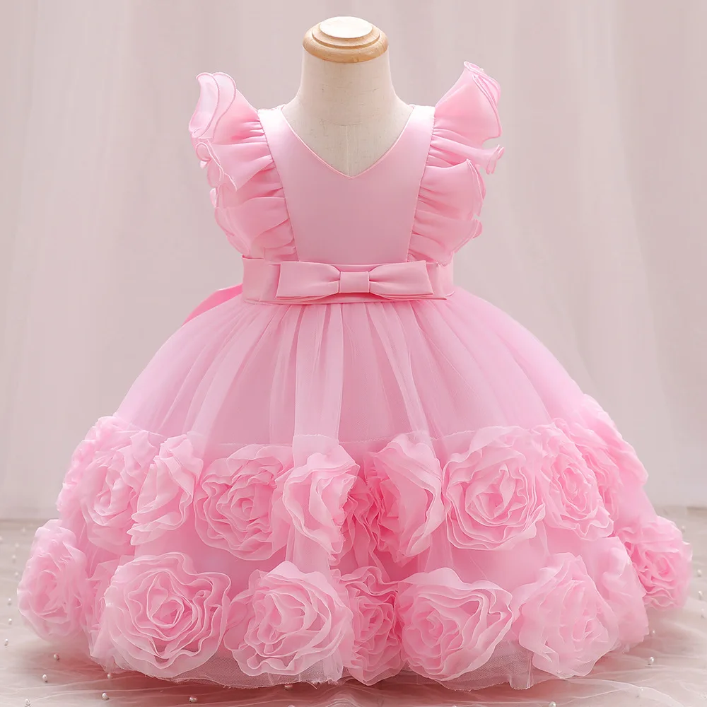 HETISO Girls Elegant Dresses Flower Kids Wedding Puffy Gown Ruffle Sleeve Birthday Party Prom 2 4 6 8 Years