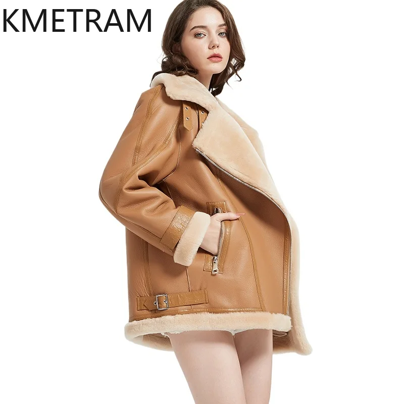 

KMETRAM Real Sheepskin with Wool Attached Jacket Women Motorcycle Khaki Fur Jackets 2025 New in Coats Winter Woman Clothing шуба