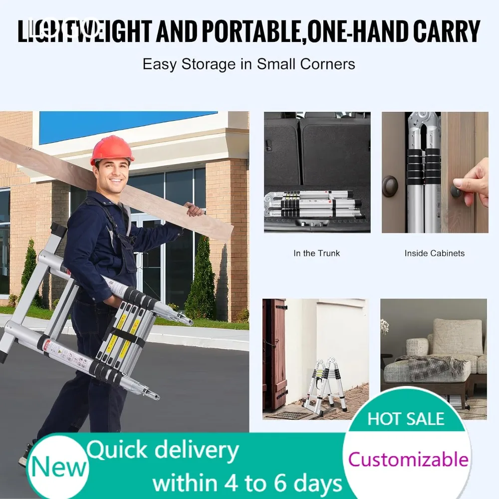 12.5FT Telescopic Ladder, 375LBS Aluminum A-Frame Extension Ladder, Multi-Button Collapsible Ladder with Stabilizer Bar