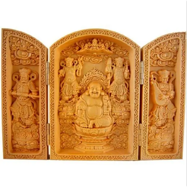 

Резьба по самшиту, коробка с тремя открывающимися коробками, фигурка Будды, автомобильное украшение в стиле вестерн, три святых, маленькие поделки