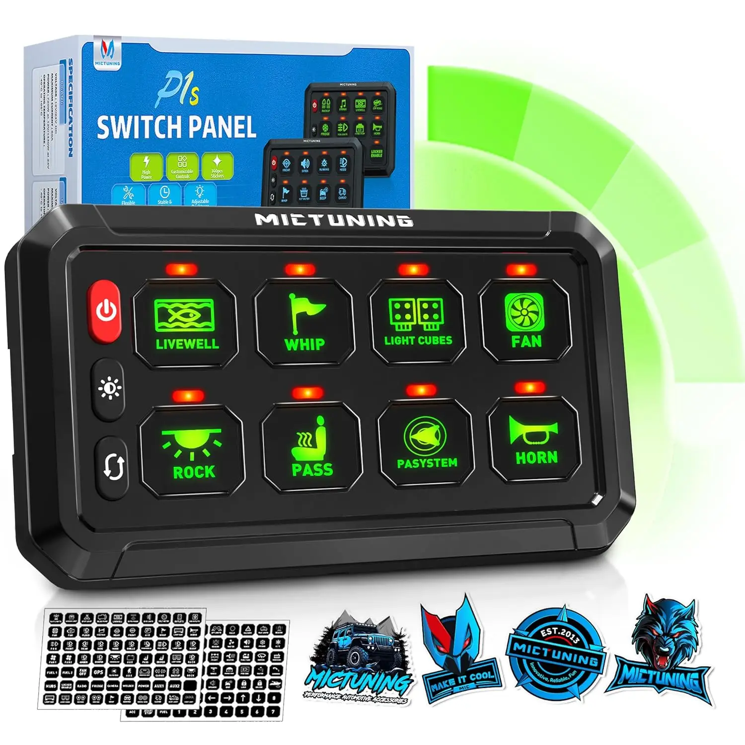 MICTUNING Green 8/12 Gang Switch Panel P1S G08X High Power Multifunction Pulse/Strobe/Momentary/Toggle Switch Panel