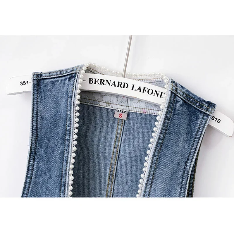 

Summer Vintage Blue Beading V Neck Denim Vest Women Waistcoat Cowboy Sleeveless Jacket Coat Korean Sim Short Jeans Vests Female