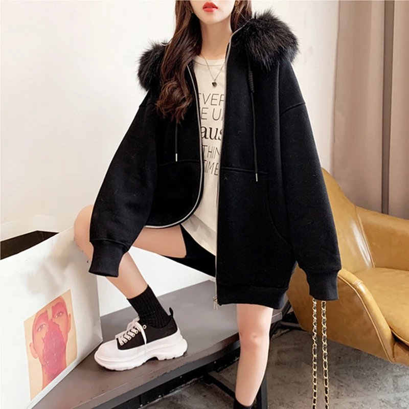 Y2K Fashion Solid Color Korean Style Fur Collar Zipper Hoodies 2024 Winter Thicken Harajuku Zipper Warm Cardigan Sweatshirt