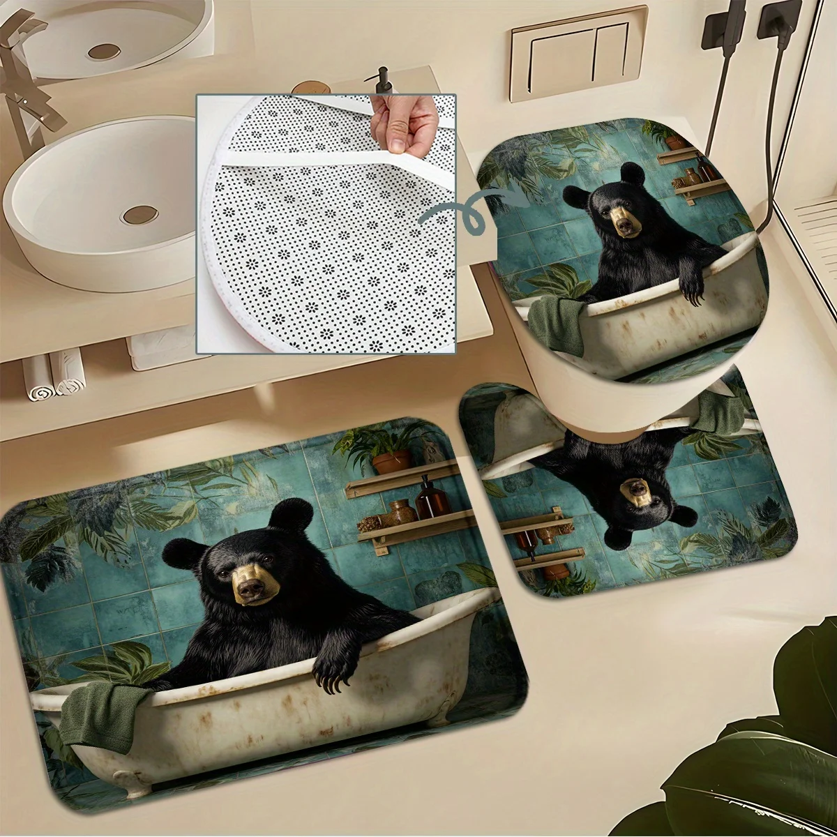 

4pcs Shower Curtain Set, Quirky Bathroom Bear Design, Modern Bathroom Decor 71inch*71inch*/180cm*180cm Includes 12 Hooks