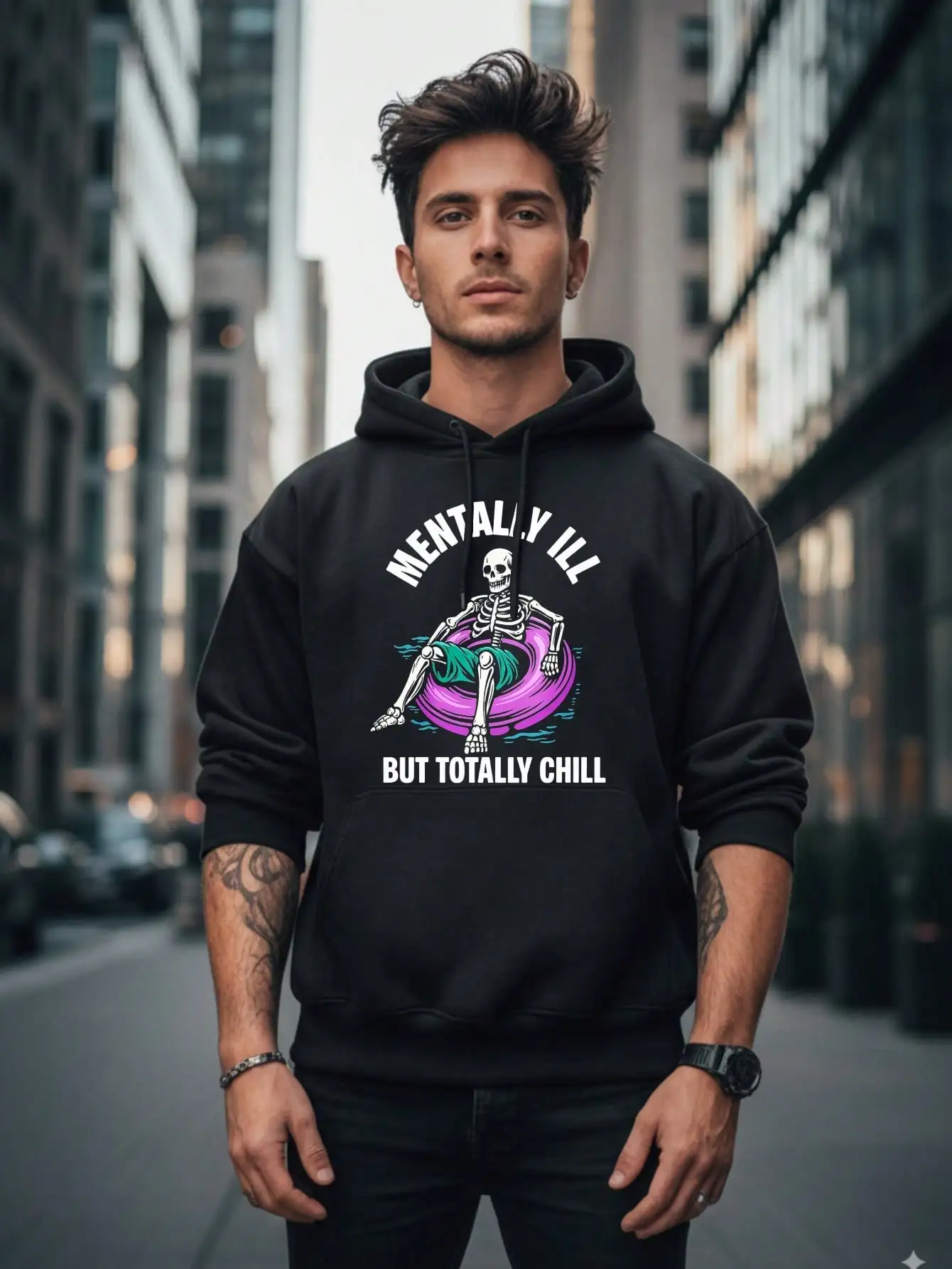 Men Front Print Hoodie, Mentally Ill But Totally Chill Skeleton Float Meme Graphic Hooded Sweatshirt, Funny Sarcasm Casual Loose Pullover Hoodie