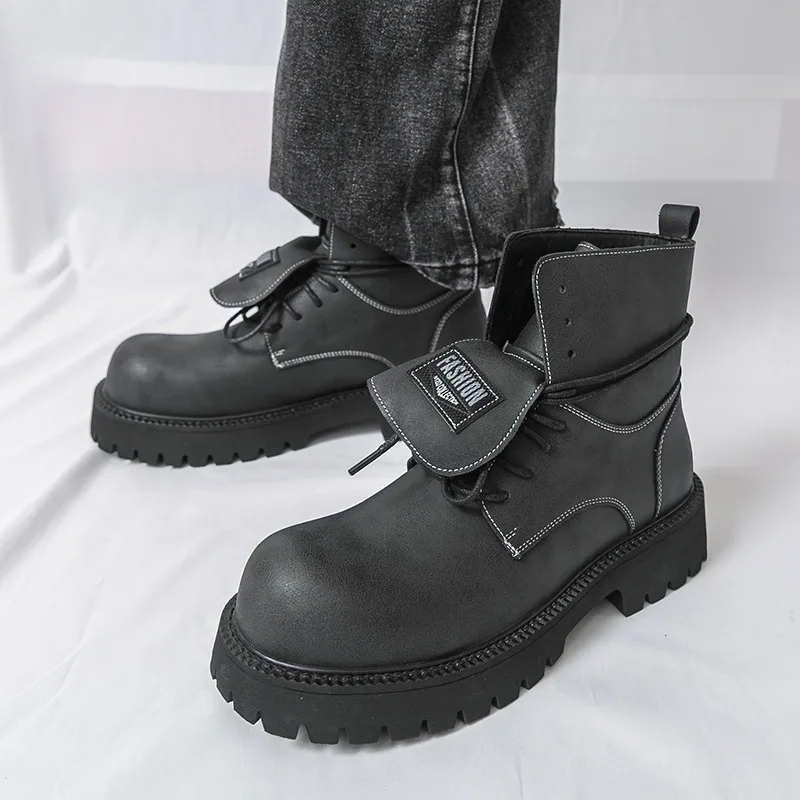 

Men's large-sized black leather boots, formal casual shoes, high-top leather shoes, ankle boots, thick-soled men's shoes