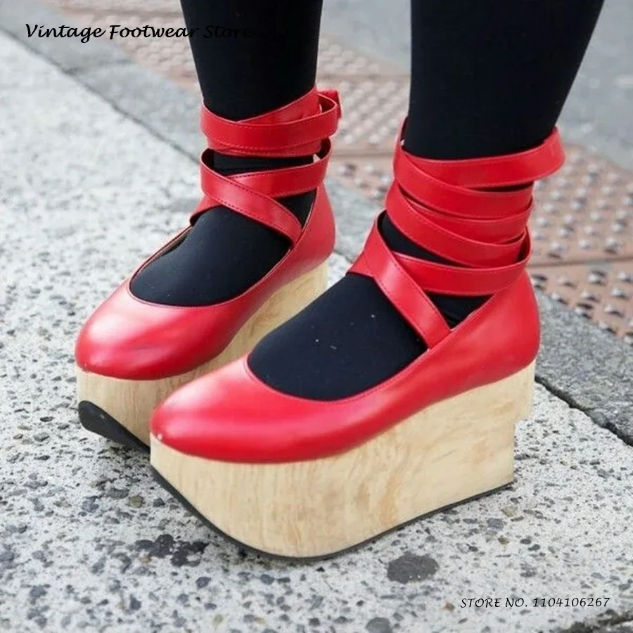Cross-strap Wooden Effect Platform Sandals Street Style Cosplay Height Increasing Lolita Shoes Spring Summer Rocking Horse Shoes