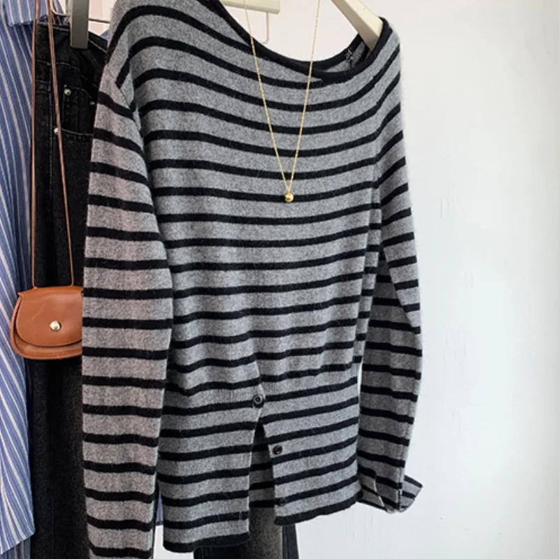 Women's Stripe Knitted Sweater One-oulder Slit Design Casual Loose Fit Long Sve Warm Autumn Winter Faion Top