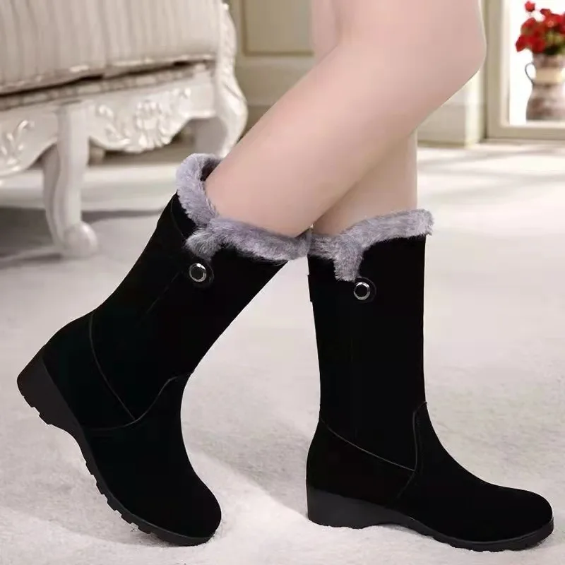 High Boots Women Warm Plush Suede Ladies Long Boots Comfortable Winter Female Wedge Cotton Shoes Mid-calf Fur Zapatos Mujer 2022