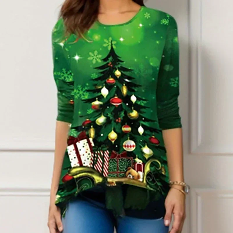 Primavera otoño nuevos productos sueltos Vintage Navidad Tops ropa Casual estampado navideño mujer camiseta cuello redondo señoras mangas largas