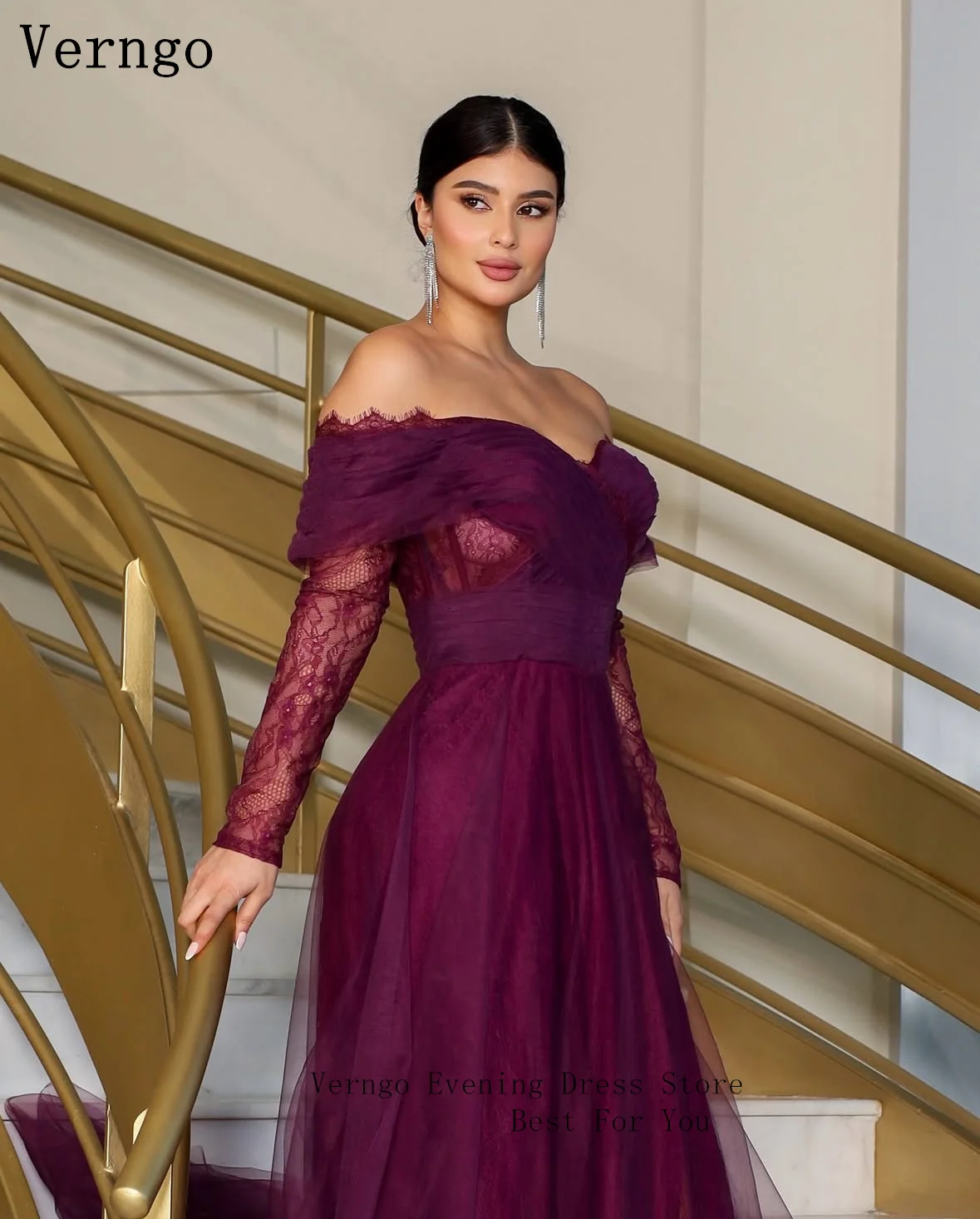 Verngo Purple Lace Evening Dress Off The Shoulder Full Sleeves Mermaid Prom Gowns Women Arabia Prom Party Dress Customized 2