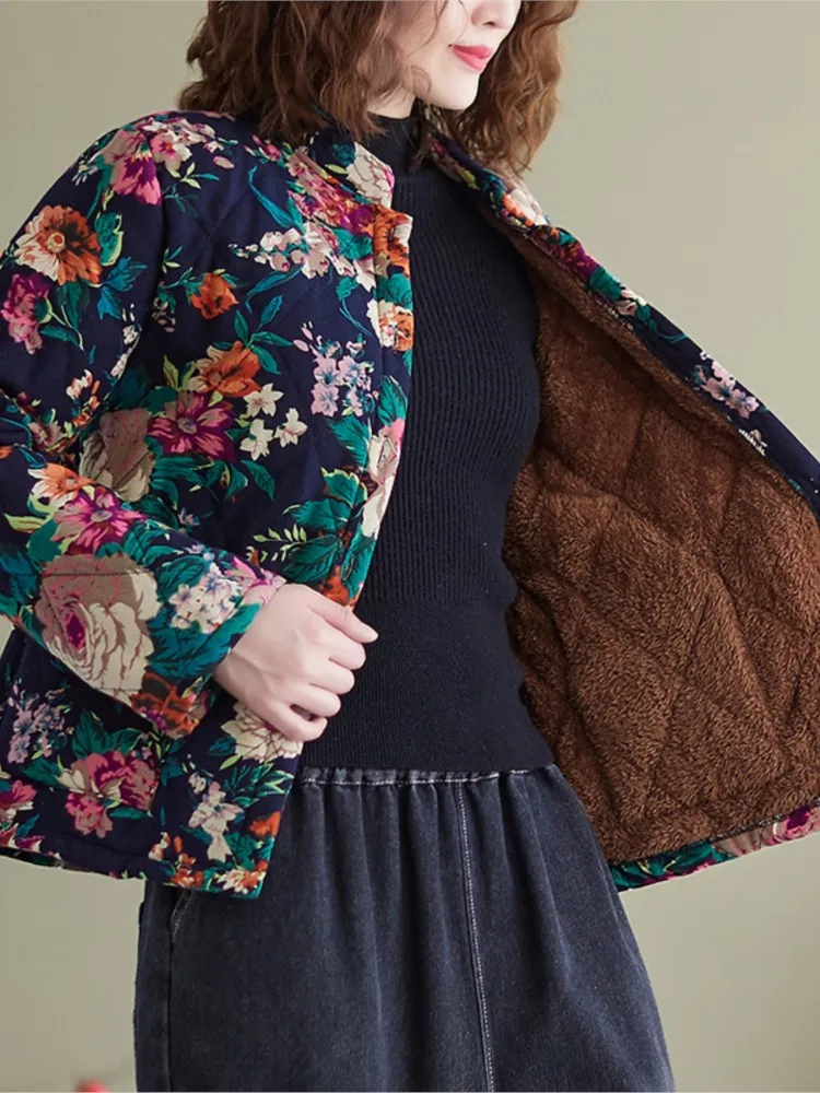 Abrigo de algodón de gran tamaño para mujer, chaqueta de manga larga con estampado de flores, informal, holgada, a la moda, para invierno, 2023