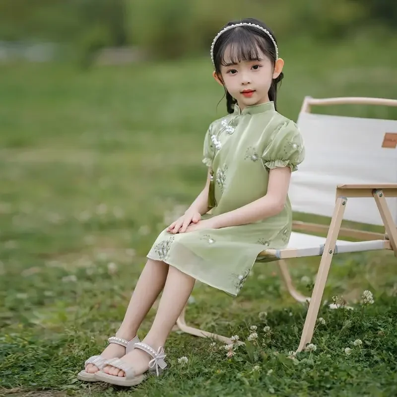 2023 Sweet Green Pearl Button Flower Embroidery Puff Sleeve Children Cheongsam Dress Summer Kawaii Girls Birthday Party Dress