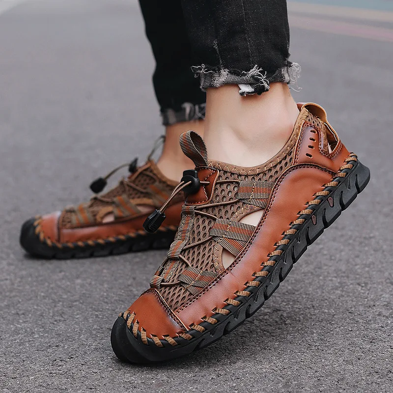 New Summer Genuine Leather Men Sandals Fashion Roman Sandals Handmade Mesh Men Casual Shoes Platform Outdoor Men's Beach Sandals