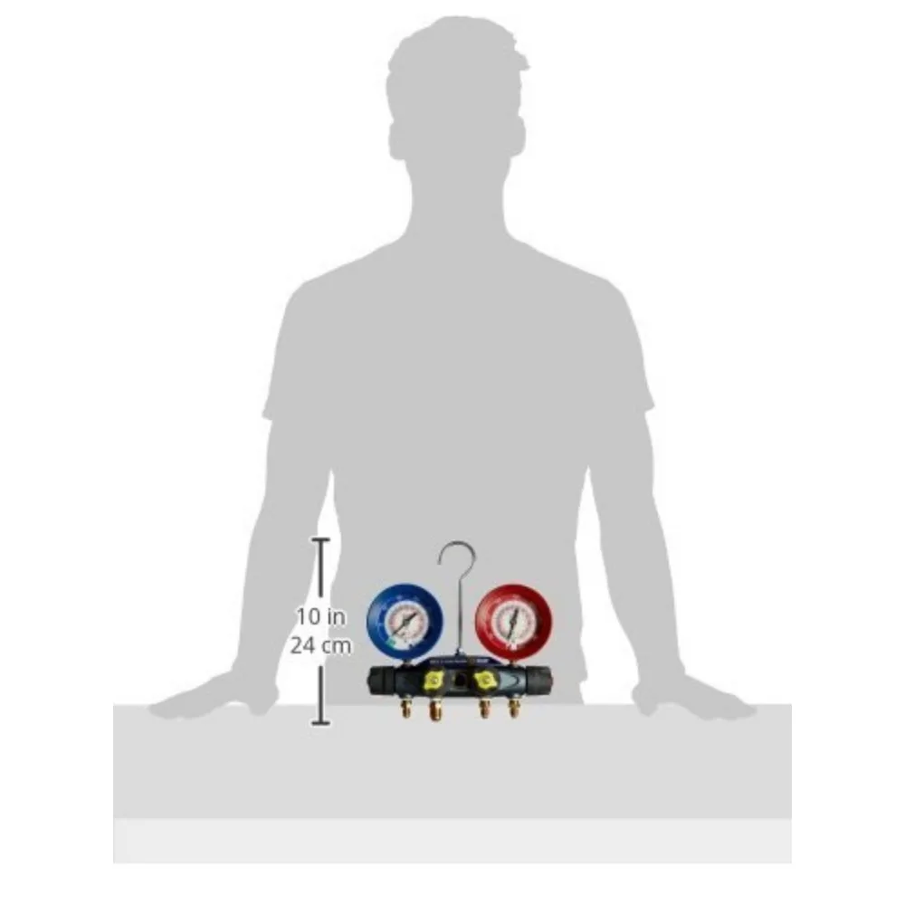 46010 Brute II 4-Valve Manifold with Red/Blue Gauges, bar/psi, R-22/404A/410A
