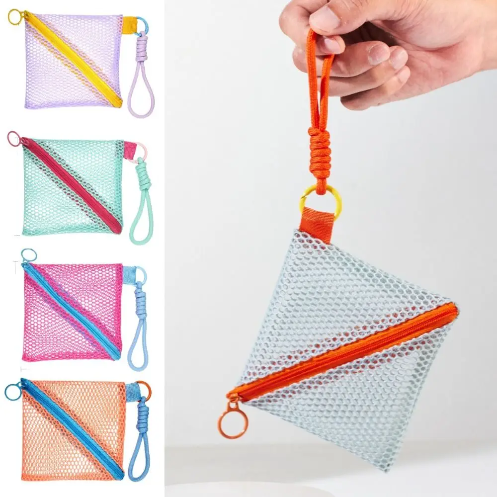Kawaii Clear Mesh Bag Dopamine Color Rope Design Mini Coin Purse Solid Color Sanitary Napkin Storage Bag Change Storage Bag Gift