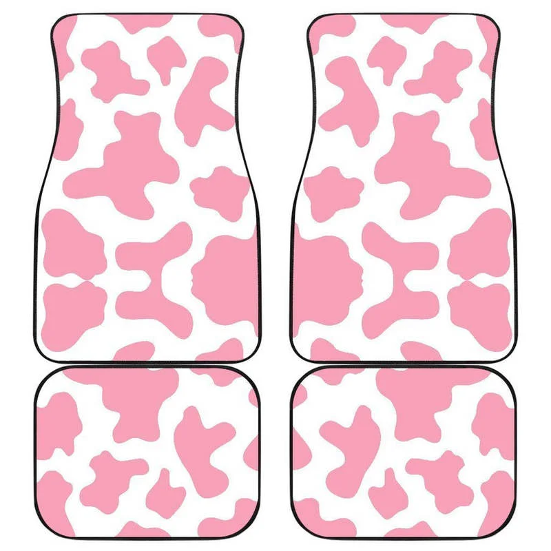 Pastel Pink And White Cow Print Front and Back Car Floor Mats    Heavy Carpet Front and Rear Full Set 4PCs Pack