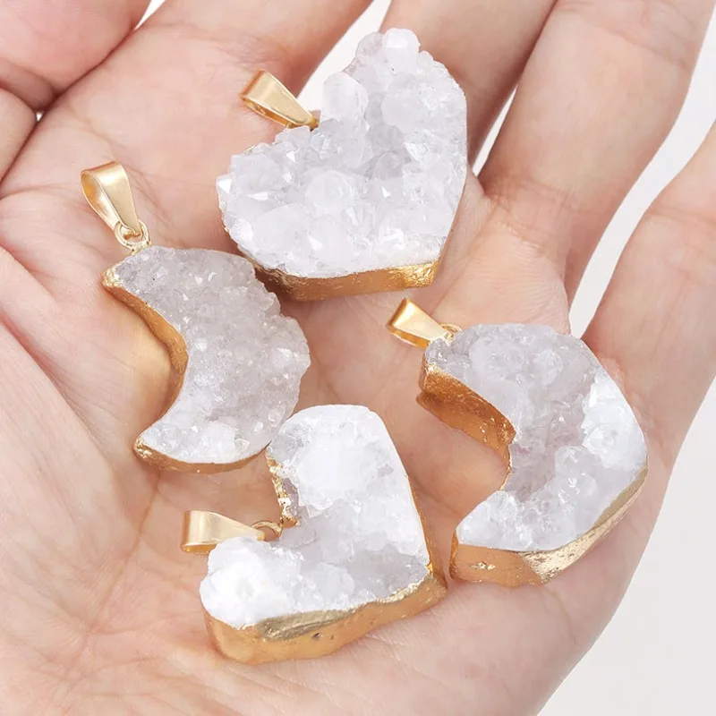 5pcs Natural Clear Quartz Druzy Cluster Heart Crescent Moon Gold‑Plated Edge Rough Stone Charm Couple Necklace Jewelry