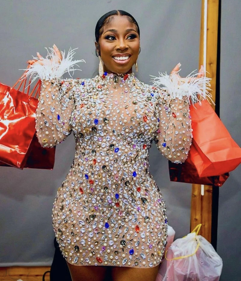 Mulheres Bodycon Luxo Mini Vestido, Festa à noite, Malha, Fino, Transparente, Multicolorido, Strass, Traje de Performance, Senhora