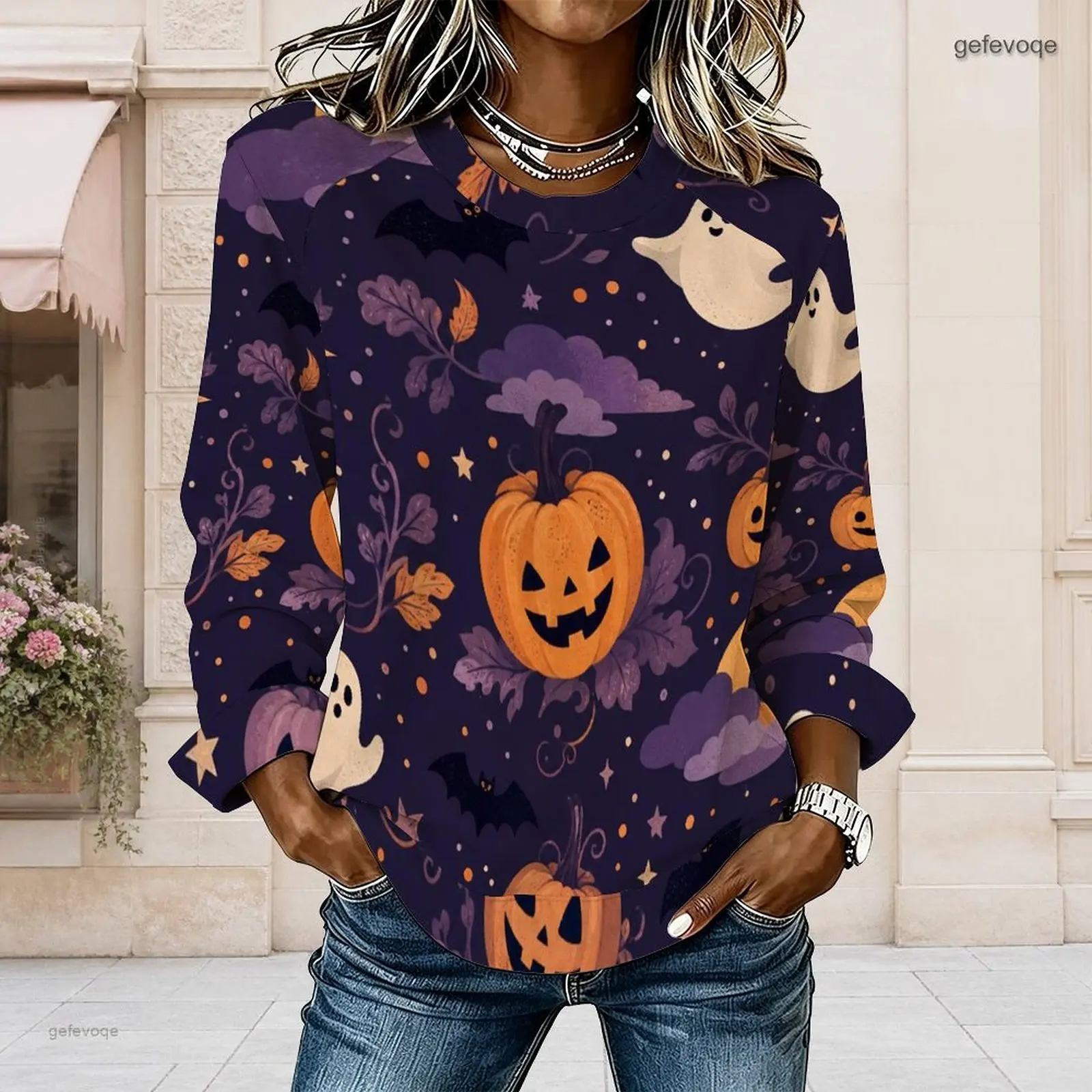 Women Round Neck Long Sleeve Top, Dark Purple Base with Halloween Pumpkins, Ghosts, Bats Printed Pattern