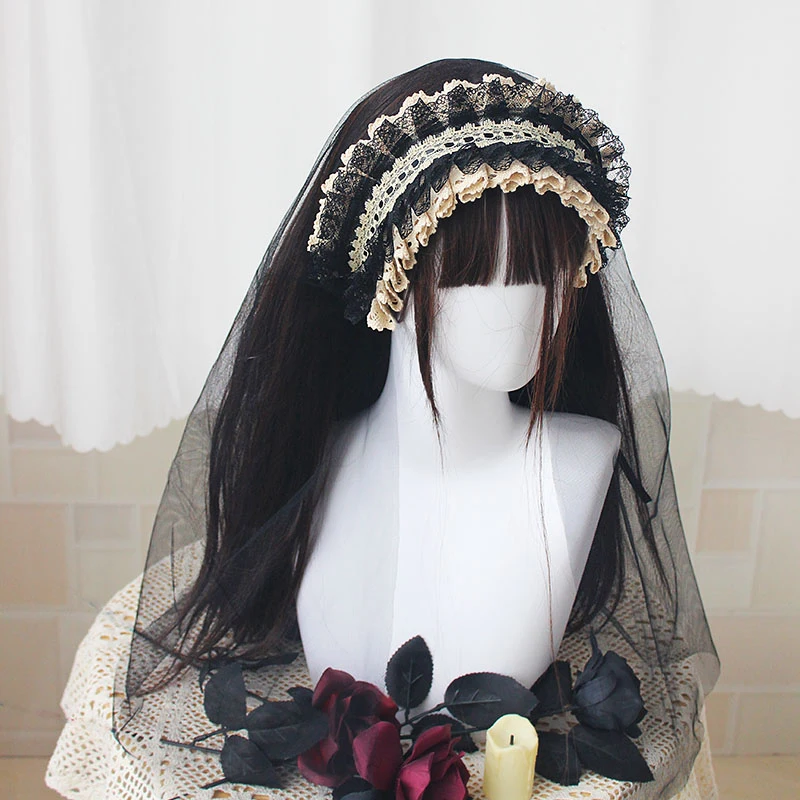 Frauen Schwarz Schleier Kopfschmuck Nonne Cosplay Kostüm Gothic Lolita Halloween Party Rolle Spielen Kopftuch Anime Maid Haar Zubehör