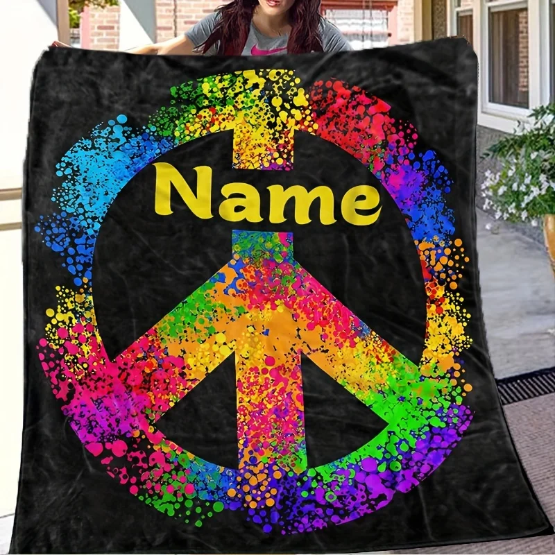 Personalized Custom Name Colorful Peace Sign Flannel Blanket  with Vibrant Peace Pattern Creative Holiday/Birthday Gift Sofa Bed