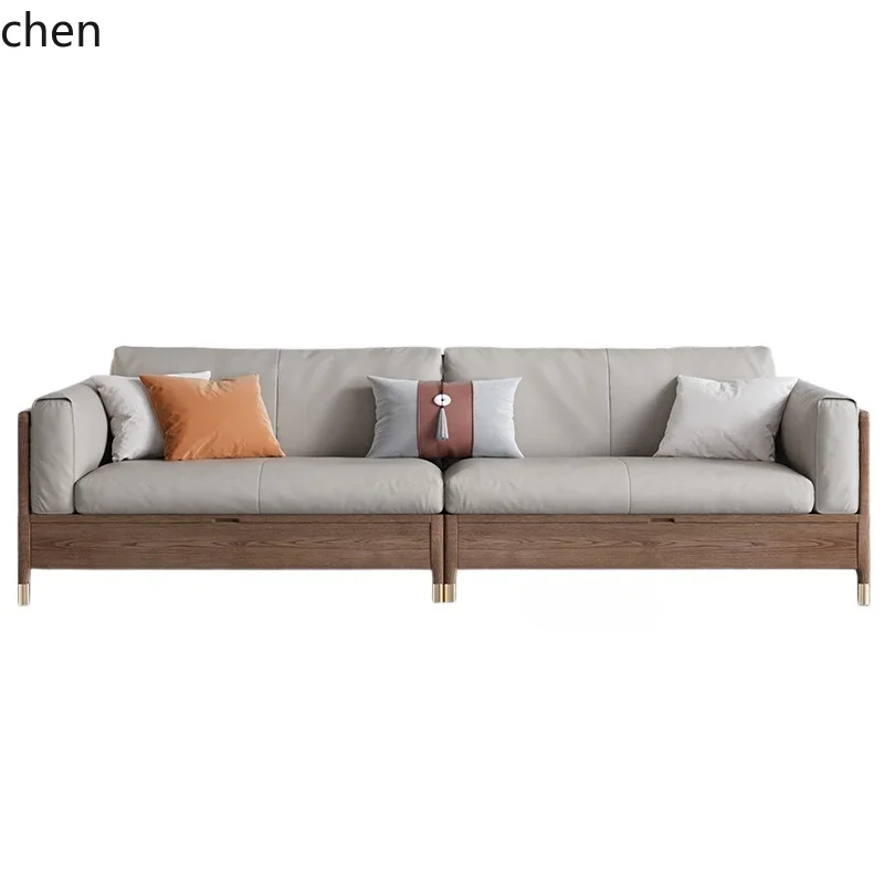 HYS Solid wood sofa winter and summer dual-purpose leather sofa simple small apartment living room storage sofa