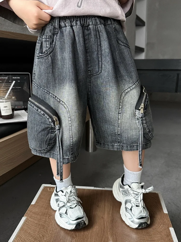 Children Zipper multi-Pocket Cargo Pants Boys Denim Shorts Girls Shorts Cotton Breathable Summer Casual Kids Shorts 2-12 Years