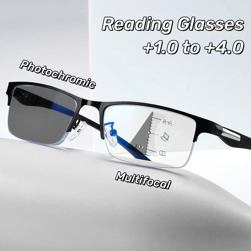 

Progressive Multifocal Photochromic Reading Glasses Anti-Blue Light Far Sight Men Half Frame Presbyopia