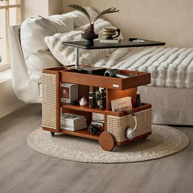 rattan lift coffee table, mobile wheeled trolley, bus coffee table, household rotation, living room sofa side cabinet