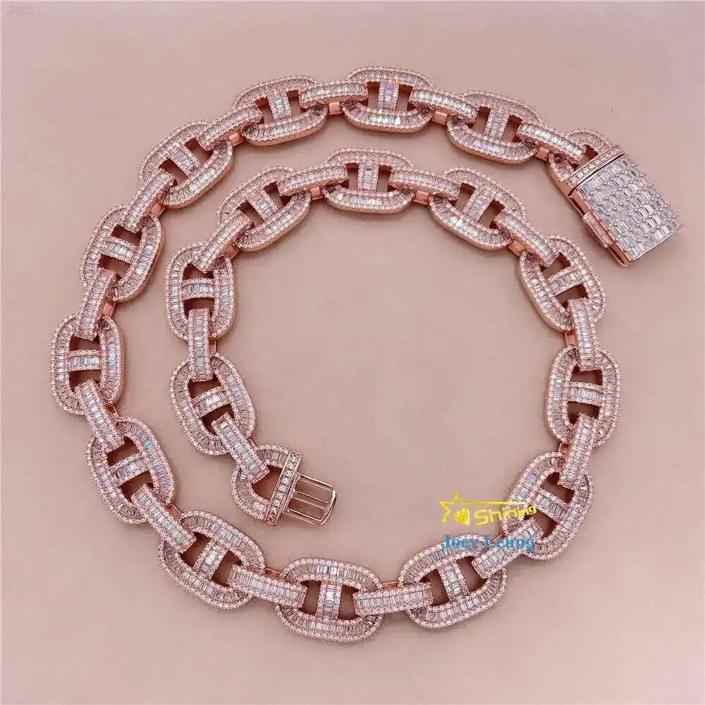 

Silver 925 Vvs Moissanite Diamond Hip Hop Necklace Jewelry Baguette Cut Iced Out Cuban Link Chain