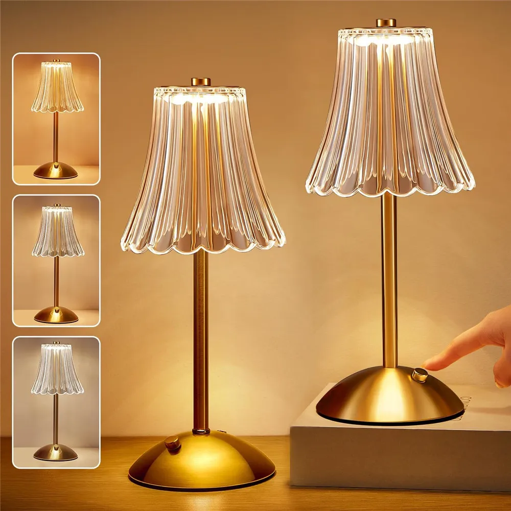 Crystal Table Lamp Rechargeable Night Light 3Color Dimmable LED Touch Lamp Portable Crystal Beside Lamps for Bedroom Living Room