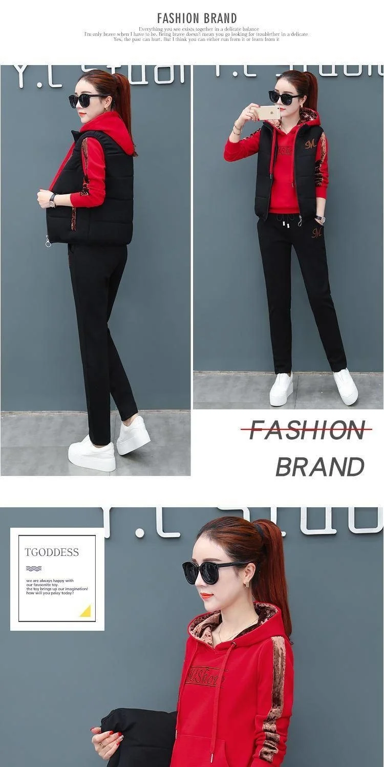 Lässige Mode für Damen, Herbst und Winter, neuer Trainingsanzug, Plüsch, verdickte Kapuzenoberteile und Weste, Hosen, dreiteilige Sets für Damen – Detail 7