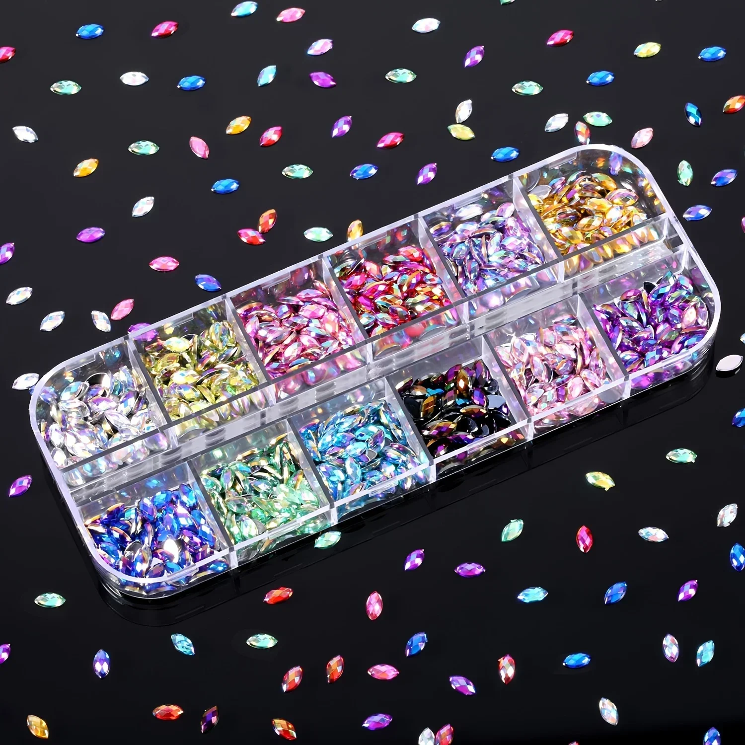 12 Colors Shiny Nail Rhinestones Horse Eye Rhinestones Flat Back Acrylic Nail Gems Decorations Supplies with Box for Jewelry DIY