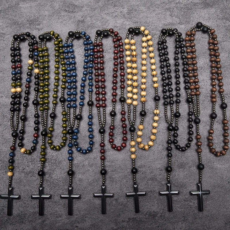 

2025 New Black Gallstone Wood Beads Cross Necklace for Men,Black Mens Cross Necklaces Jewelry Gifts