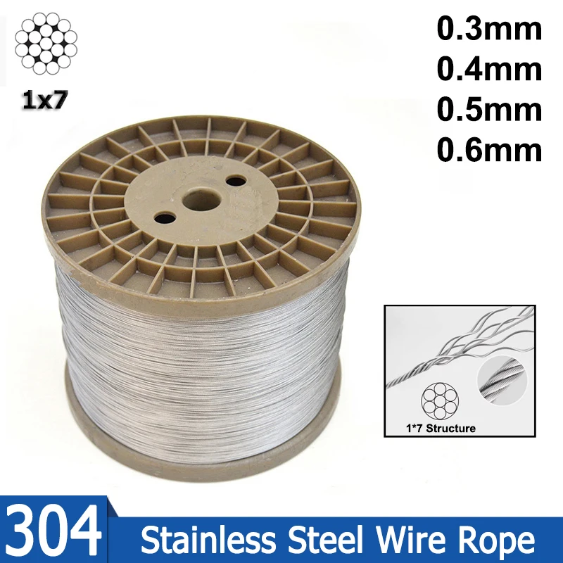 10-100M Dia 0.3/0.4/0.5/0.6mm 1X7 Structure 304 Stainless Steel Wire Rope Alambre Cable Softer Fishing Lifting Cable Bearing