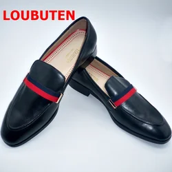 LOUBUTEN luksusowa moda włoskie czarne oryginalne skórzane mokasyny ręcznie robione męskie buty wizytowe Slip On wesele buty