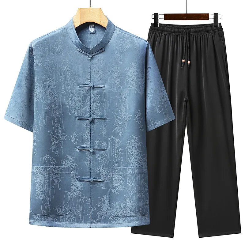 

(Shirt + trousers) 2025 summer men printing shirt Man Two-piece set shirts men's casual Chinese style shirts full size M-4XL